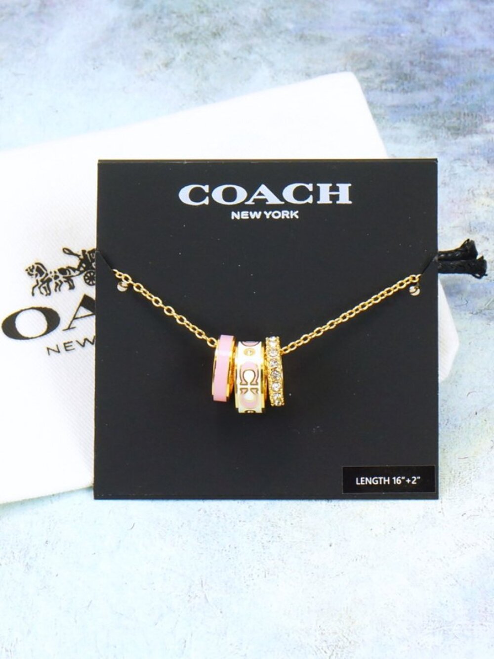 Coach Signature White Pink Enamel Crystal Rondell Ring Necklace Gold Plated